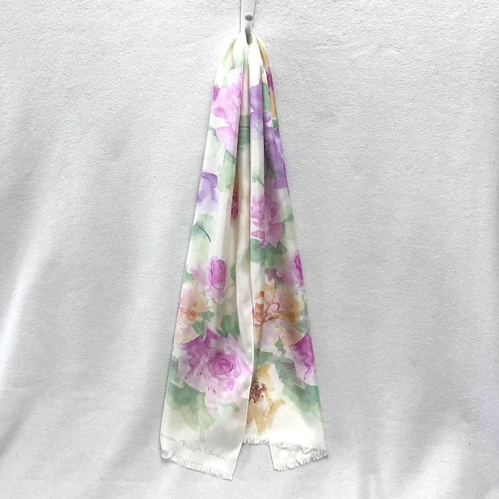 Vtg Ralph Lauren Silk Scarf 54x12 Watercolor Floral Purple Pink Cream Light Soft